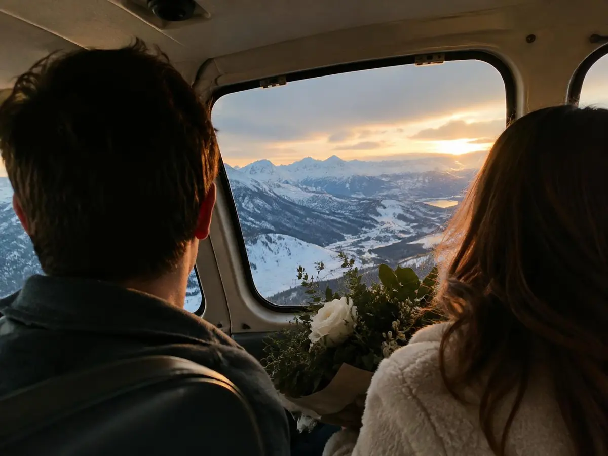 Couple with flowers looking at snowy mountains from a small aircraft window